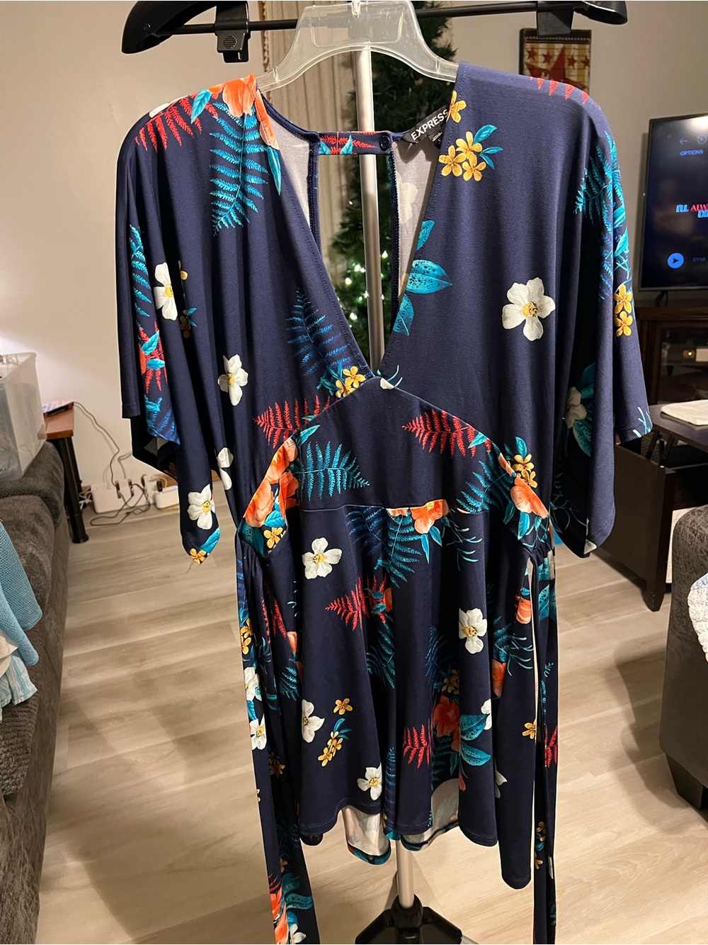 Express Navy Floral Jumpsuit with Multicolor Blooms